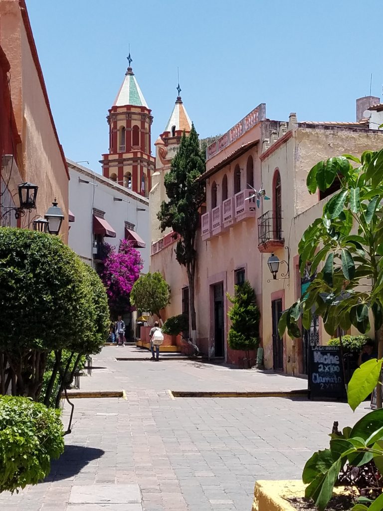 Walking street leading up to a plaza in Queretaro, Mexico