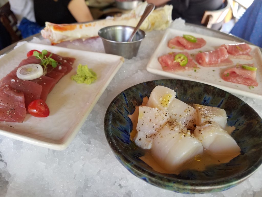 Fuente Royal seafood tower top layer with scallops, sushimi and crab leg at La Docena Oyster Bar & Grill in Guadalajara, Mexico Fuente Royal seafood tower top layer with scallops, sushimi and crab leg at La Docena Oyster Bar & Grill in Guadalajara, Mexico