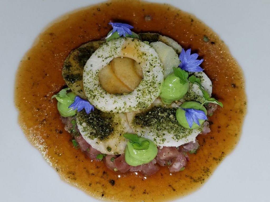 Atun Aleta Amarilla at Lula Bistro. Japanese twist with mostly Mexican ingredients. Tuna tartar, apple, jicama, yuzu and garlic-vinegar sauce at Lula Bistro in Guadalajara, Mexico Atun Aleta Amarilla at Lula Bistro. Japanese twist with mostly Mexican ingredients. Tuna tartar, apple, jicama, yuzu and garlic-vinegar sauce at Lula Bistro in Guadalajara, Mexico