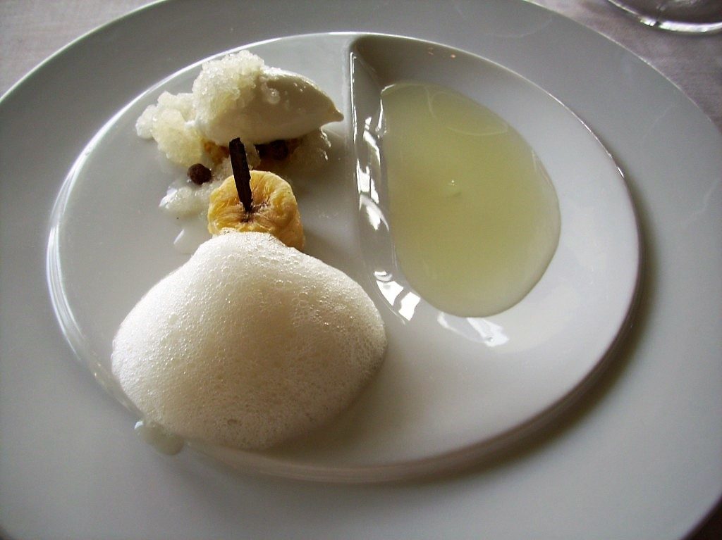 Cold Soup, Banana and Vanilla Stew with Citrics and Ice Cream at Martin Berasategui