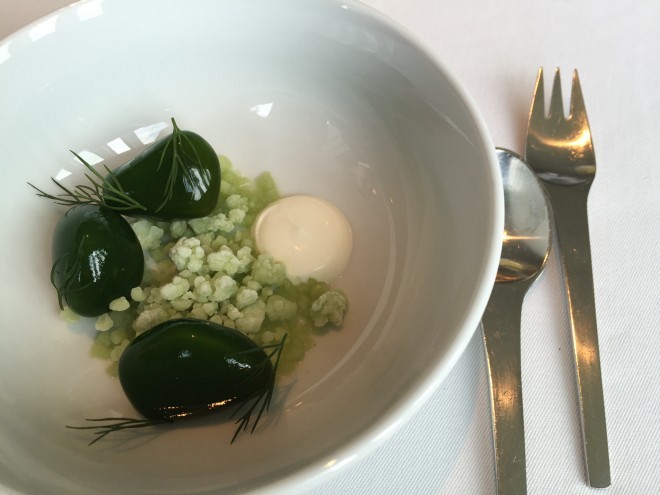 Dill green jelly covered scallops at Geranium- Copenhagen, Denmark