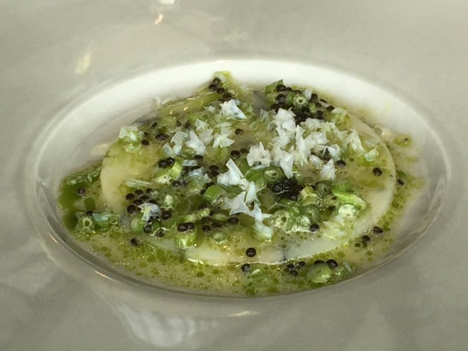 Hake in a buttermilk herb sauce at Geranium- Copenhagen, Denmark