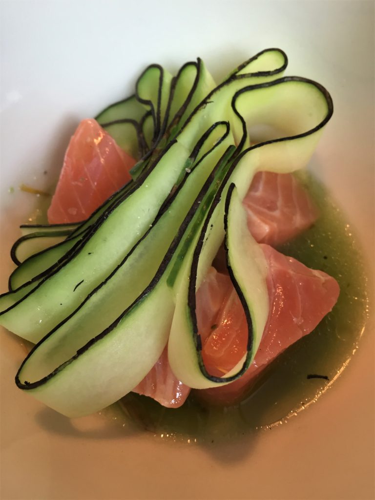 Trout, cucumber ribbons, and pine