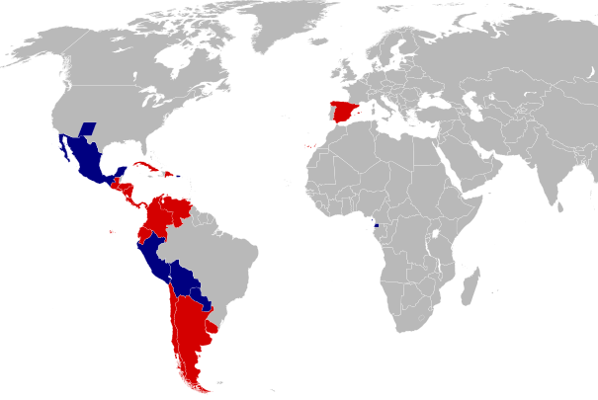 Map of the world with the 20 countries that speak Spanish highlighted