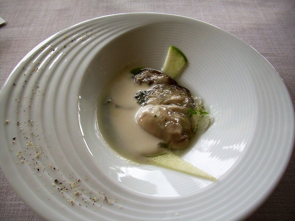 Oyster with Water Cress, Rocket Leaves, Apple Chlorophyll, Lemon Grass, Fennel Cream and Oxalis at Martin Berasategui