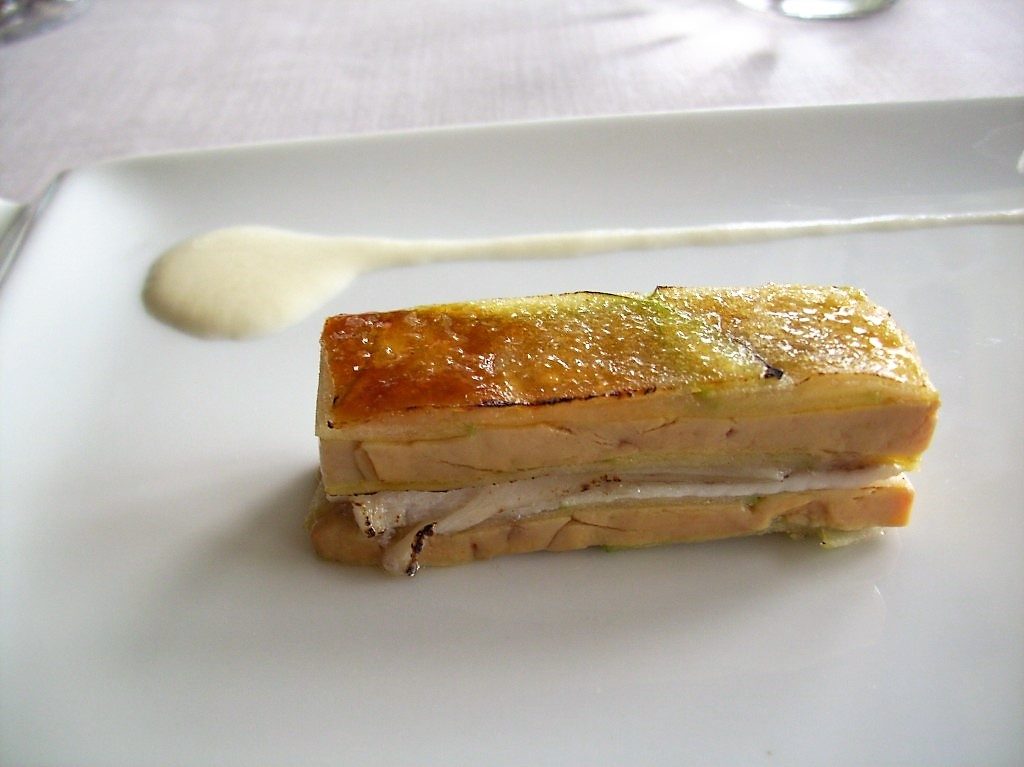 Mille-Feville of Smoked Eel, Foie Gras, Spring Onions, and Green Apple at Martin Berasategui