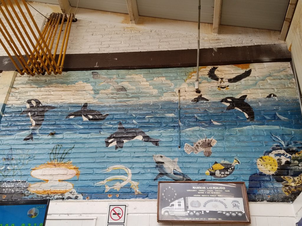 Marine life mural with orcas, sharks and fish at Mercado La Cruz