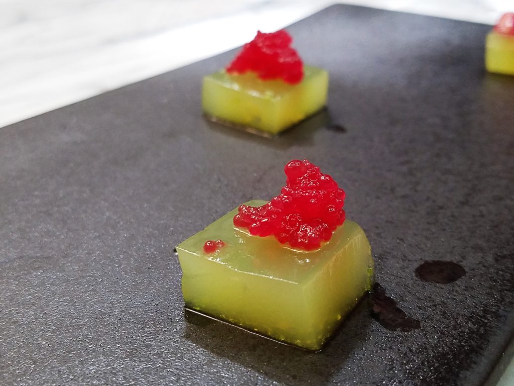 Amuse bouche of cactus fruit jellies at Aperi in San Miguel de Allende, Mexico