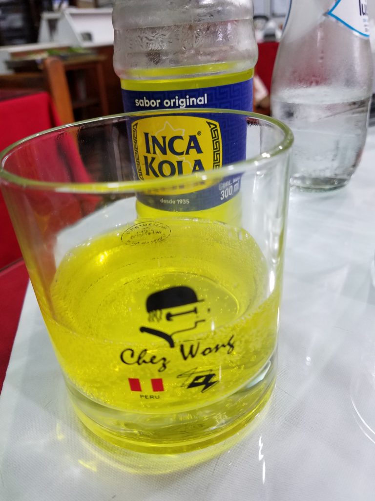 Inca cola in a glass at Chez Wong, Lima, Peru
