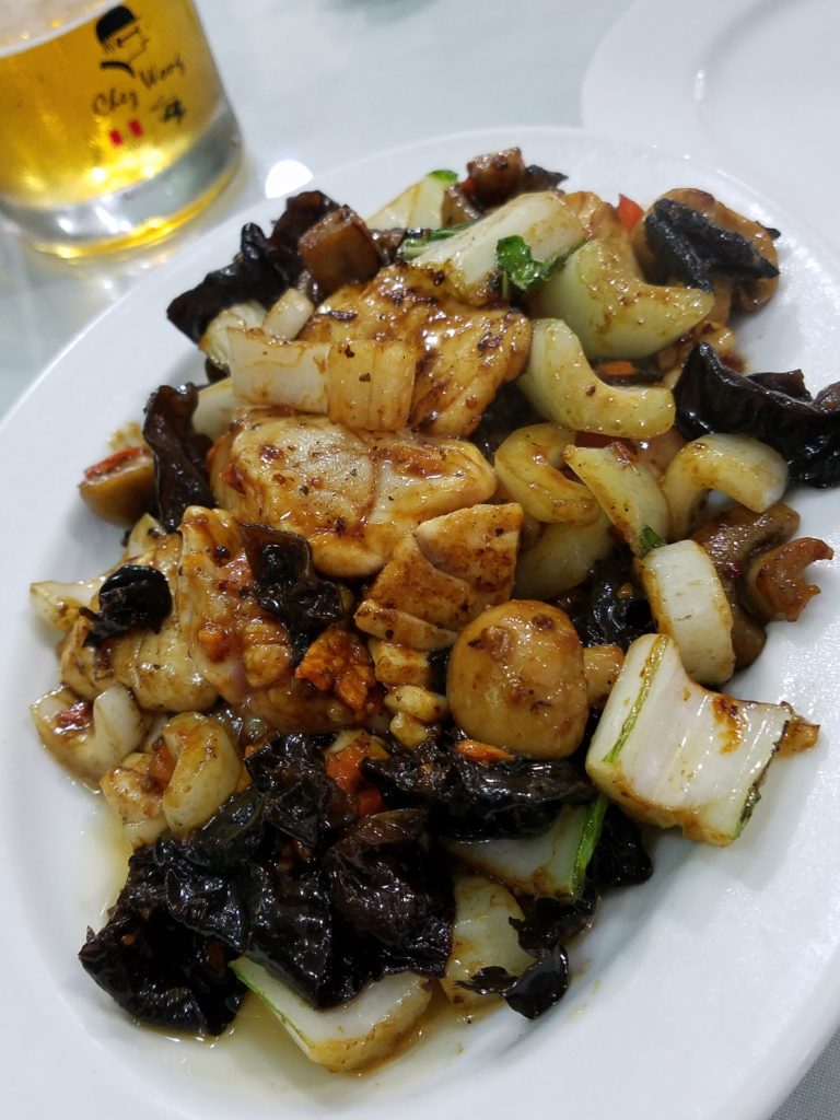 Chifa cuisine at Chez Wong: Turbot, mushrooms, cashews, vegetables soy sauce and sesame seed oil