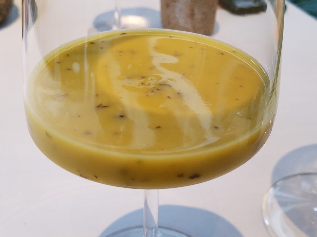 Juice pairing of avocado, passionfruit and yuyu at Central in Lima, Peru