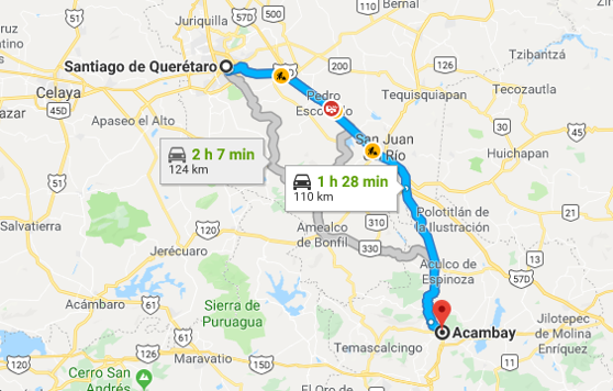 Google map from Queretaro to Acambay, Mexico