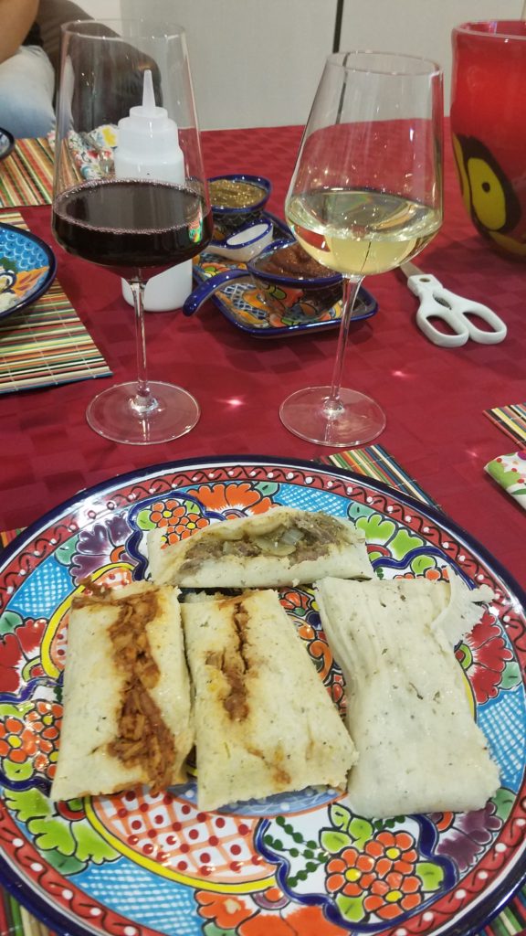 Tamale dinner with red and white wine
