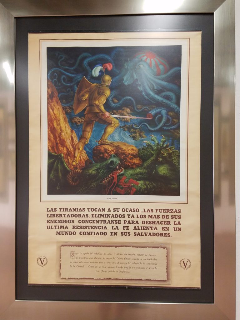 Calendar art depicting the Mexican knight slaying the German dragon and Japanese squid. Calendar Museum, Queretaro