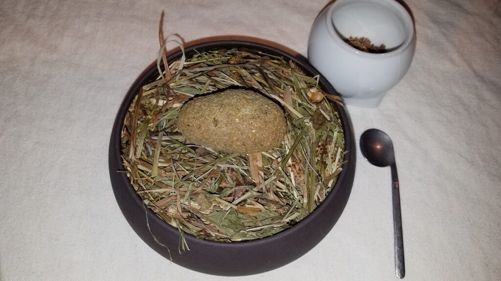 Baked potato in hay, fermented ricotta and chocolate, Hisa Franko