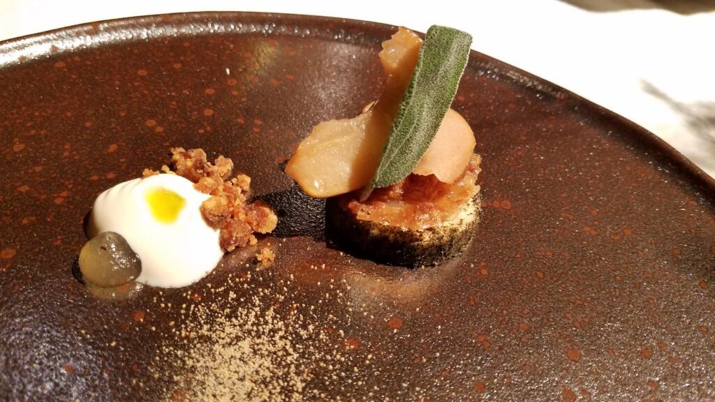 Foie gras, yogurt with coffee and sage. Mountain goat cheese, black mushroom gel and pan fried prawn. Hisa Franko