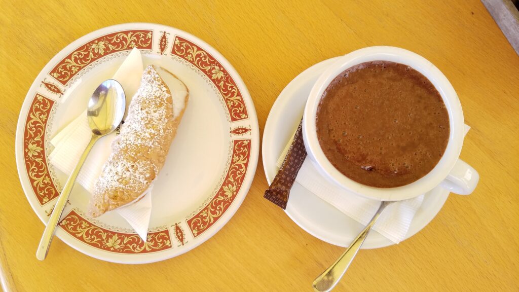 Sheep's milk cannoli and hot chocolate, Blue Grotto, Malta