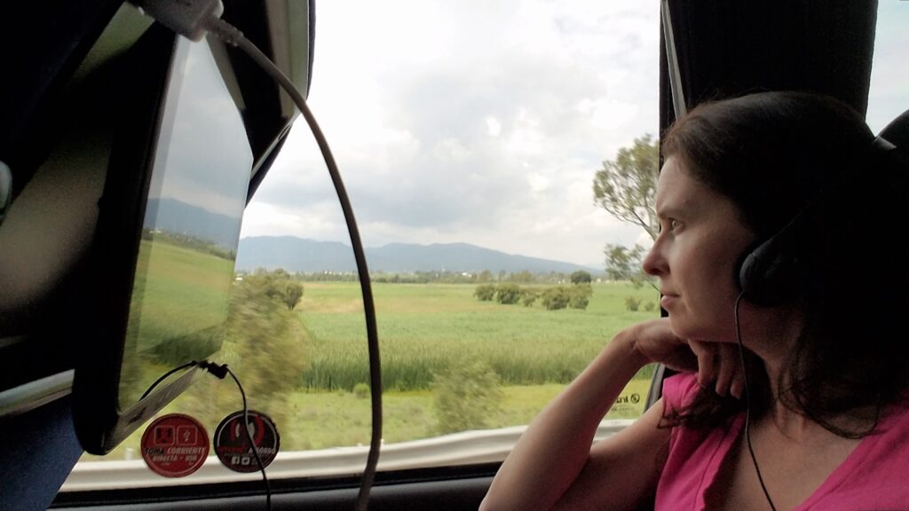 Relax with movies, a reclining seat and USB charge port on bus travel through Mexico