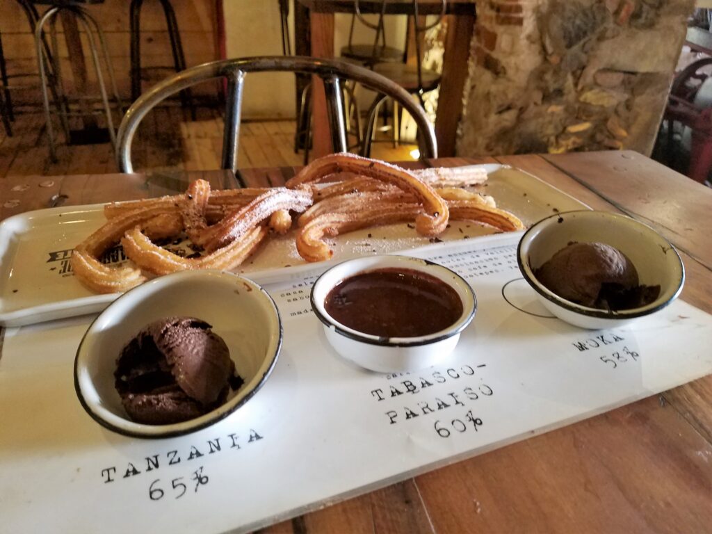 Chocolate ice cream and churros at La Fabrica de Chocolate, Queretaro, Mexico