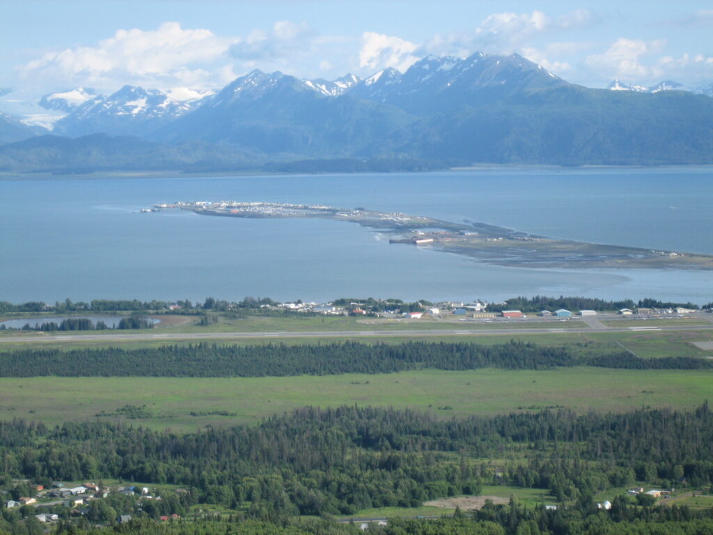 Homer Spit stretching 4.5 miles out into Kachemak Bay, Alaska 