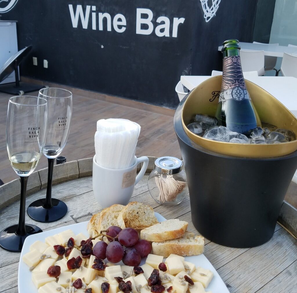 Sparkling wine and regional cheese at Freixenet Wine Bar, Tequisquiapan, Mexico Sparkling wine and regional cheese at Freixenet Wine Bar, Tequisquiapan, Mexico