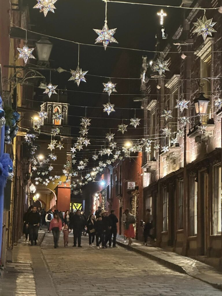 Street with star decorations during Christmas in San Miguel de Allende