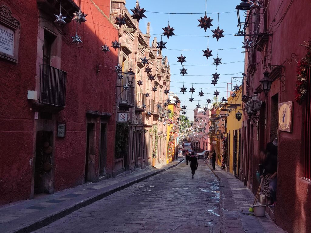 Street with star decorations during Christmas in San Miguel de Allende